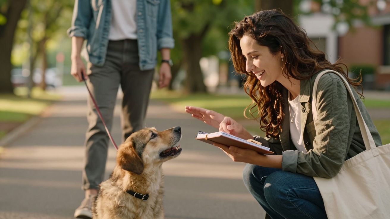 Mulher ajoelhada a acariciar um cão enquanto segura um bloco de notas. Pessoa ao fundo passeia o cão na trela.