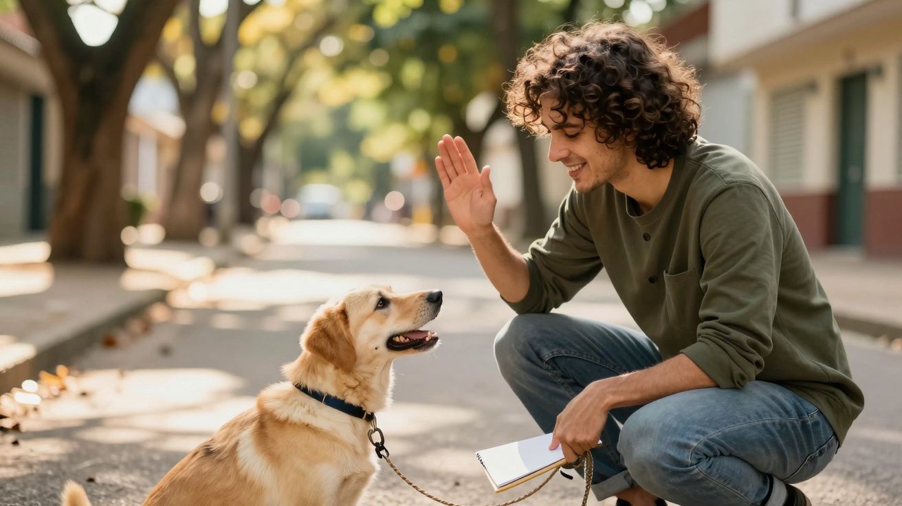 Homem acena para cão sentado numa rua arborizada, segurando uma trela e um caderno, num dia ensolarado.