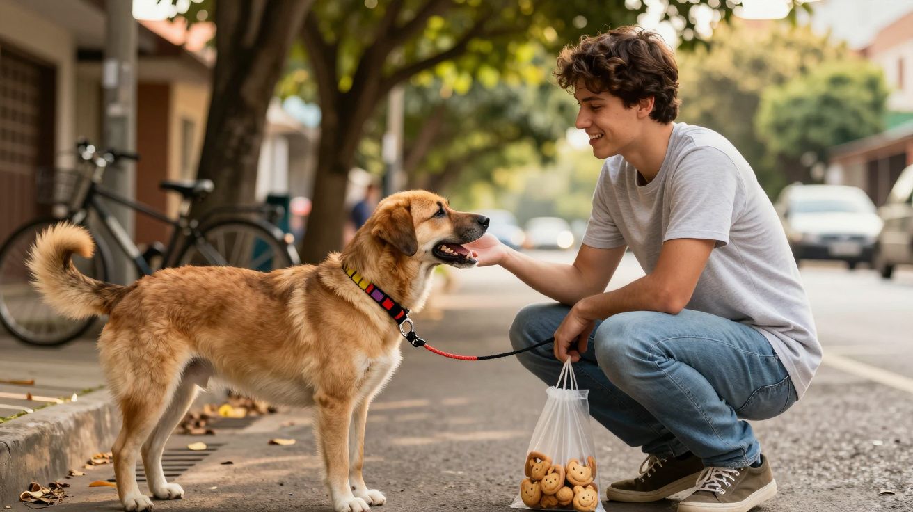Jovem agachado na rua a acariciar um cão com trela, segurando um saco com bolachas, num dia ensolarado.