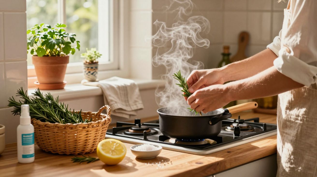 Pessoa a cozinhar numa cozinha ensolarada, adicionando erva aromática a uma panela a ferver sobre o fogão.