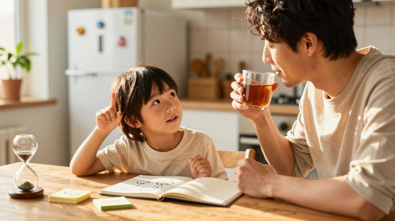 Pai e filha conversam à mesa, enquanto a criança escreve num caderno e o pai bebe chá.