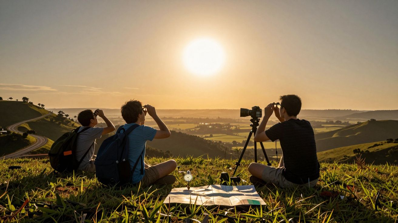 Três pessoas sentadas na relva observam o pôr do sol com binóculos e câmara, numa paisagem rural, ao entardecer.
