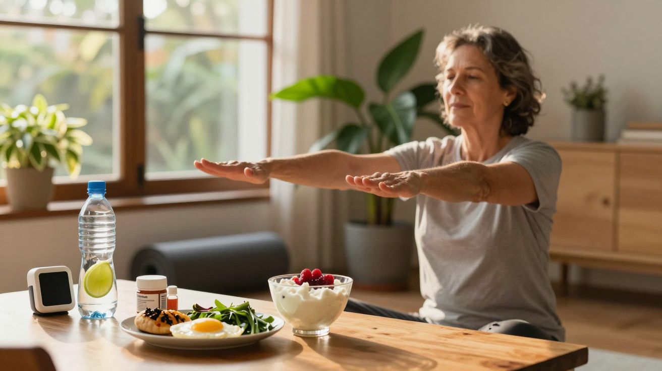 Mulher idosa praticando ioga em casa com refeição saudável e água sobre a mesa ao fundo.