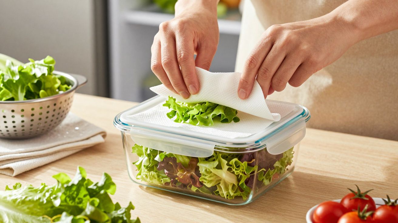 Mãos colocando papel sobre alface num recipiente de vidro na bancada, próximo a tomates e saladeira.