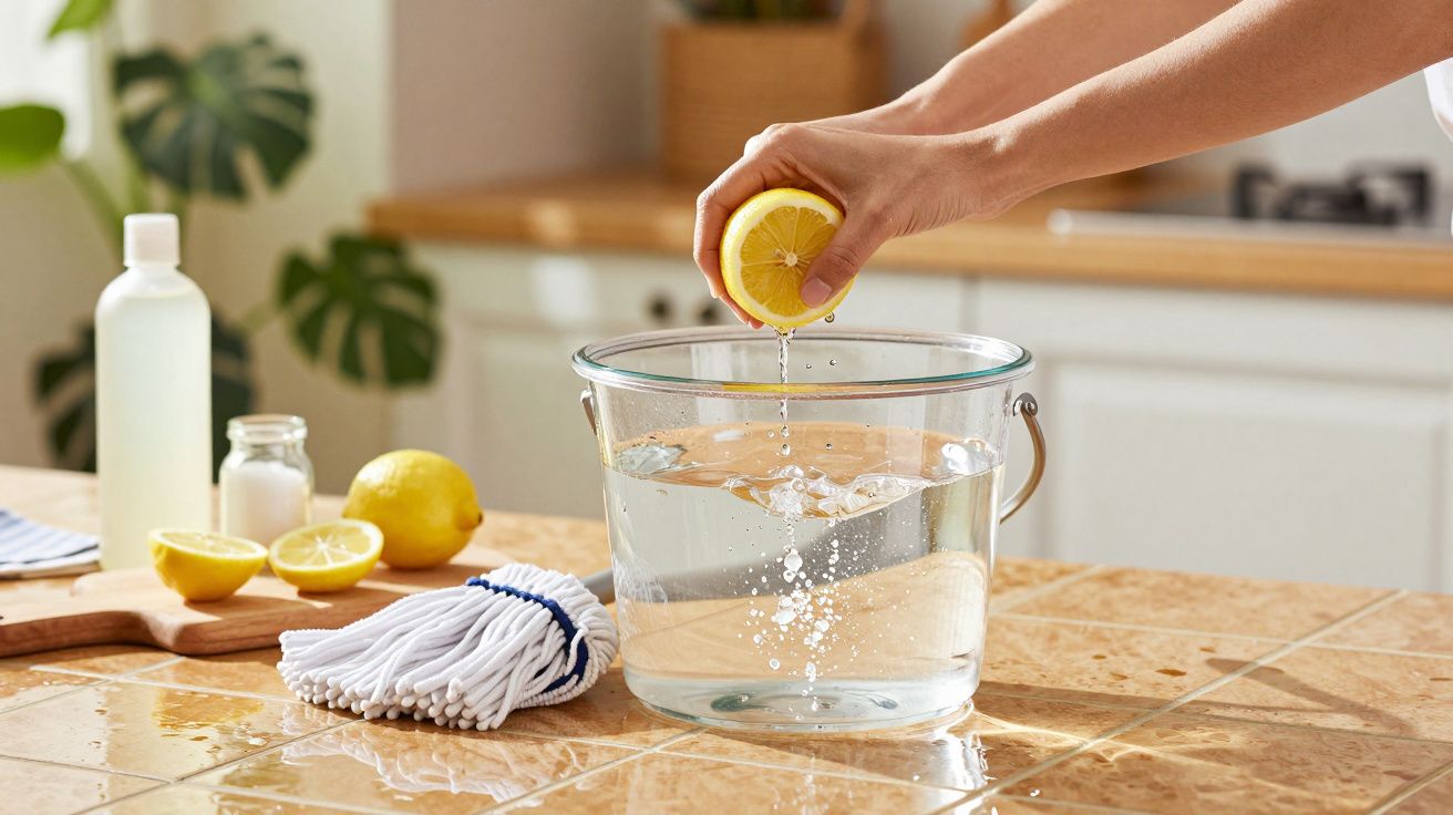 Mão a espremer limão num balde de água na cozinha, com limões e esfregona ao lado.