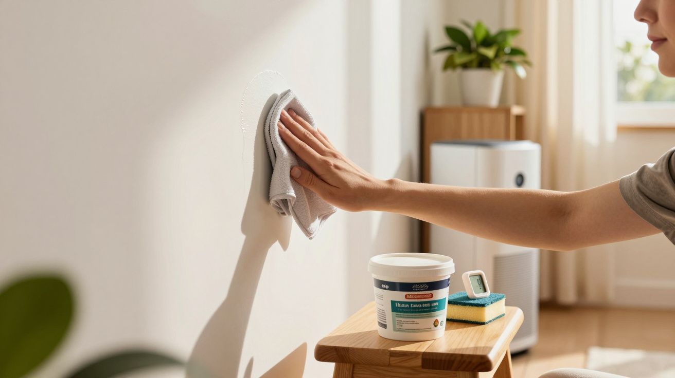 Pessoa limpa parede com pano e massa de reparação ao lado, em sala iluminada com planta e purificador de ar.