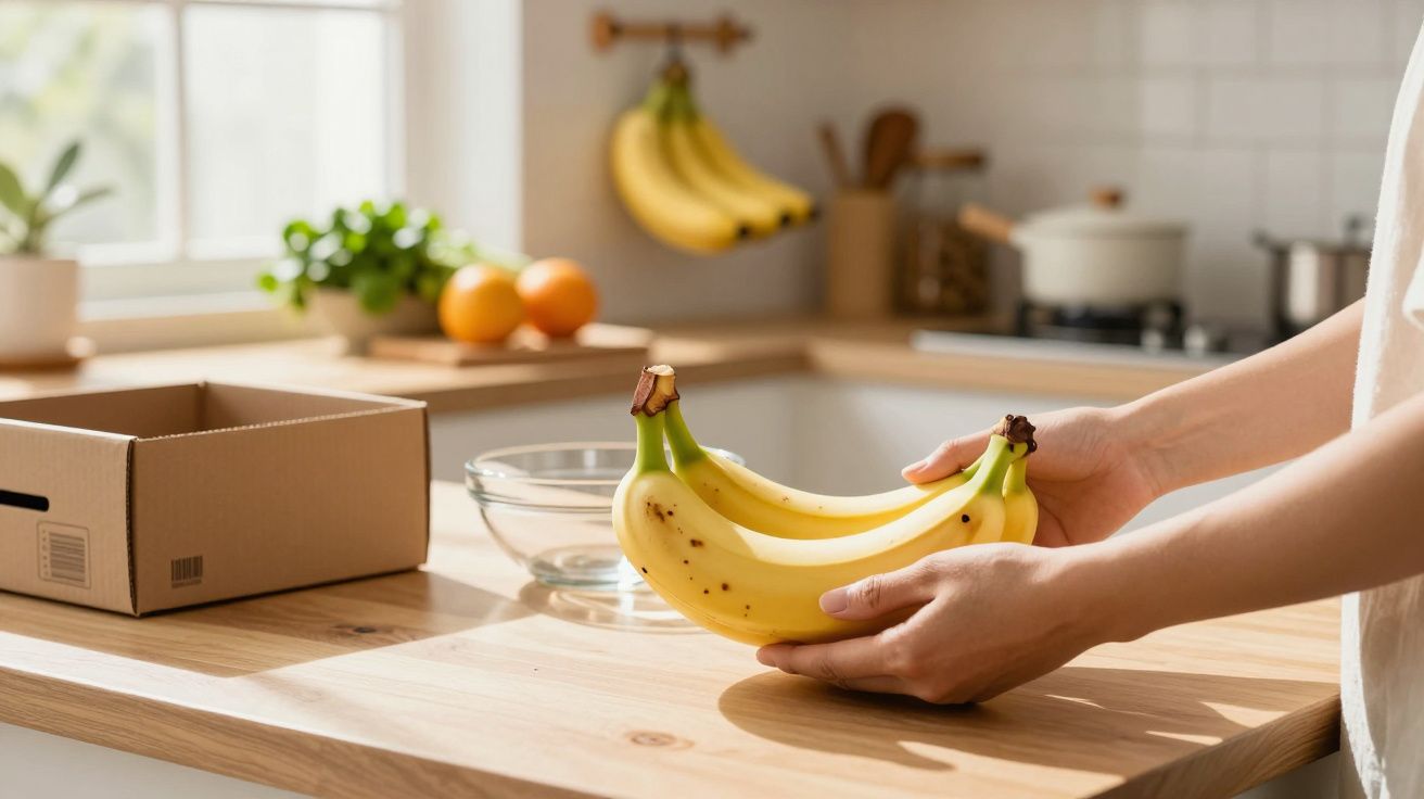 Mãos segurando bananas frescas numa cozinha iluminada, com tigela e caixa de cartão sobre balcão de madeira.