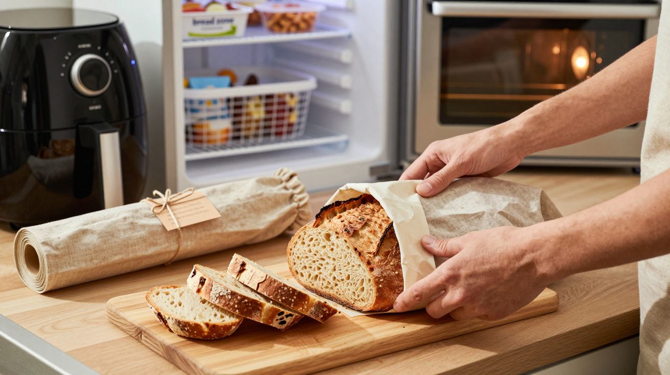Pessoa a cortar pão num tabuleiro de madeira, com forno e fritadeira ao fundo.