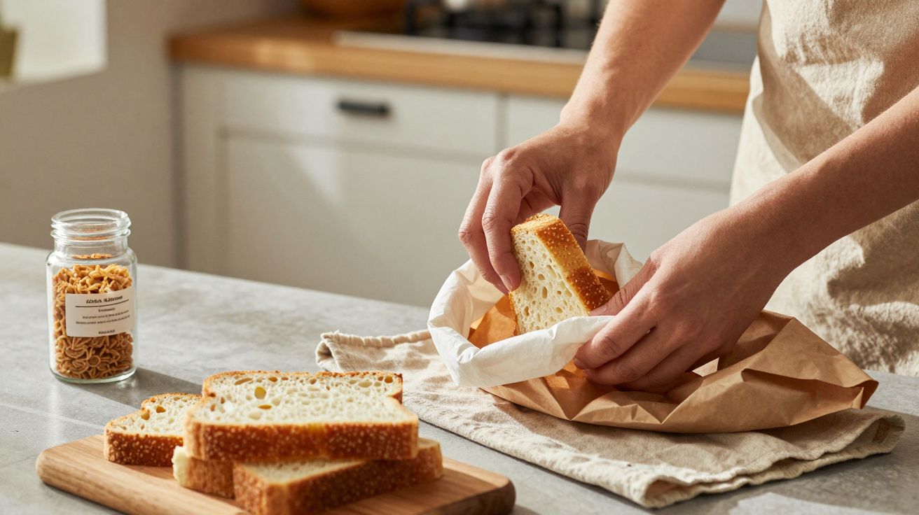 Mãos a embrulhar fatias de pão em papel pardo numa cozinha, com frasco de mercearia e tábua de corte ao lado.
