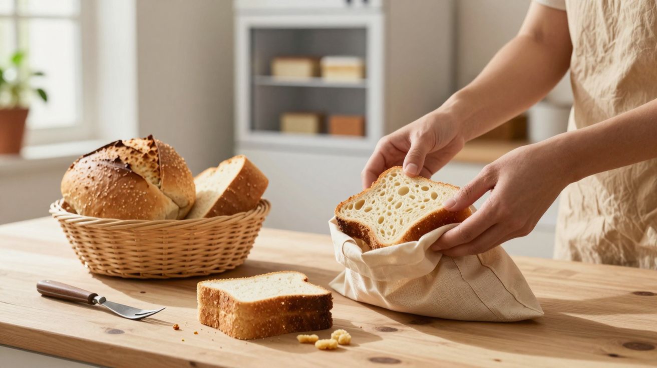 Pessoa a retirar fatia de pão de uma cesta, com mais pães sobre uma mesa de madeira.