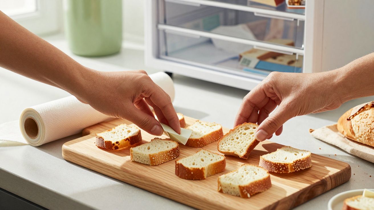 Duas mãos a colocar manteiga em fatias de pão sobre uma tábua de madeira na cozinha.