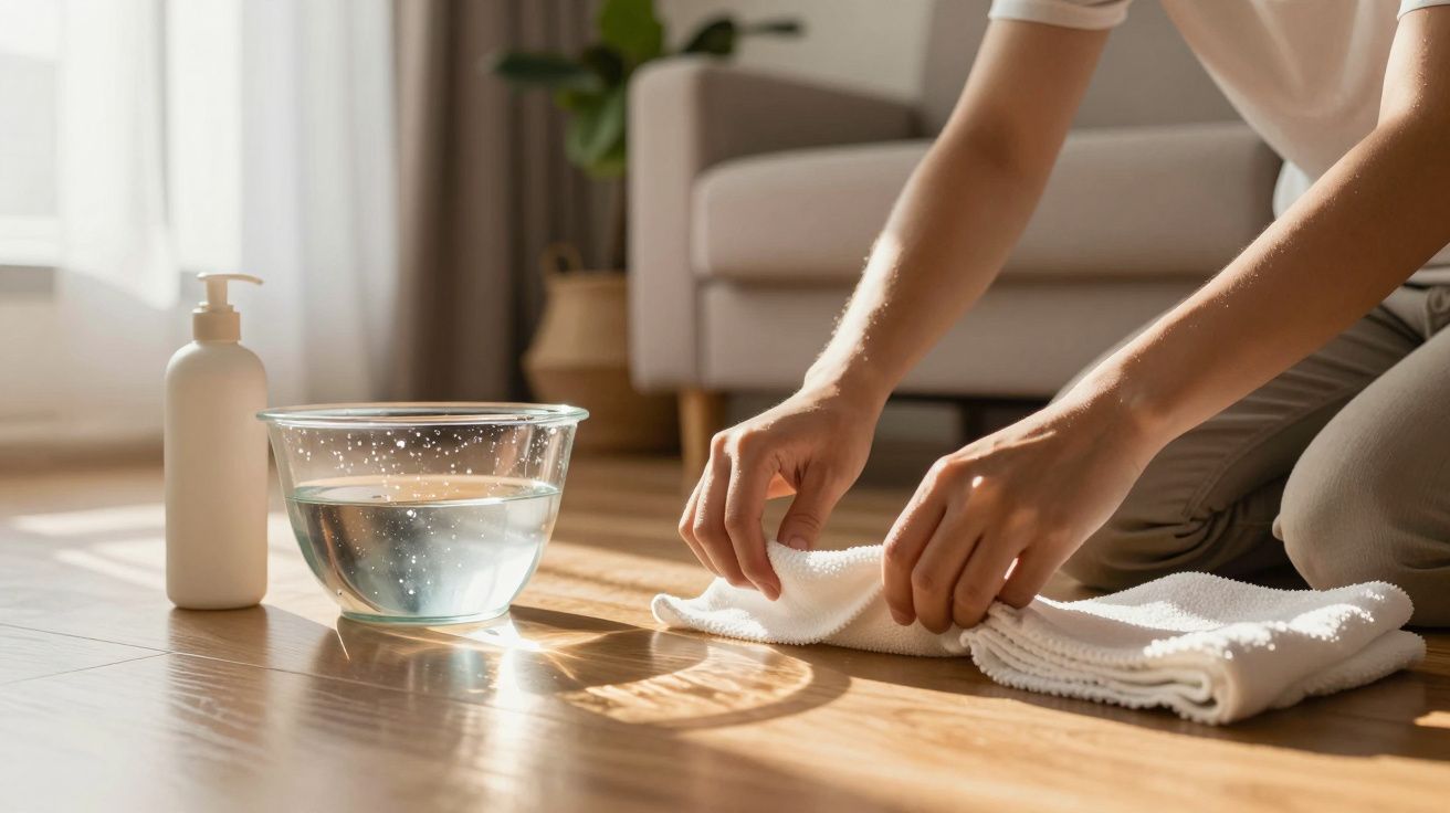 Pessoa a preparar toalhas brancas no chão, com uma tigela de água e um dispensador de sabonete ao lado.