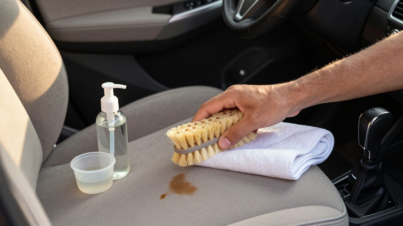 Mão limpa mancha no estofado do banco do carro com escova, detergente e toalha branca.