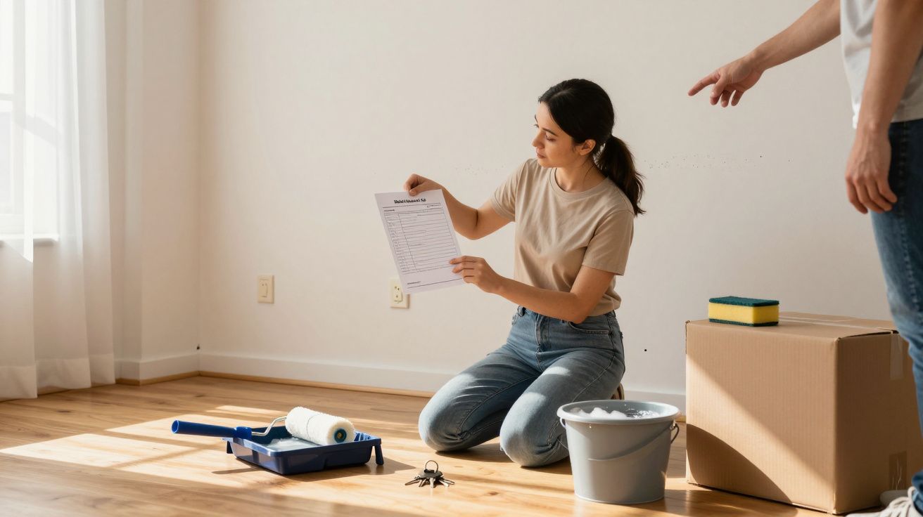 Mulher ajoelhada, segurando papel de instruções, perto de material de pintura e uma caixa de cartão num quarto vazio.