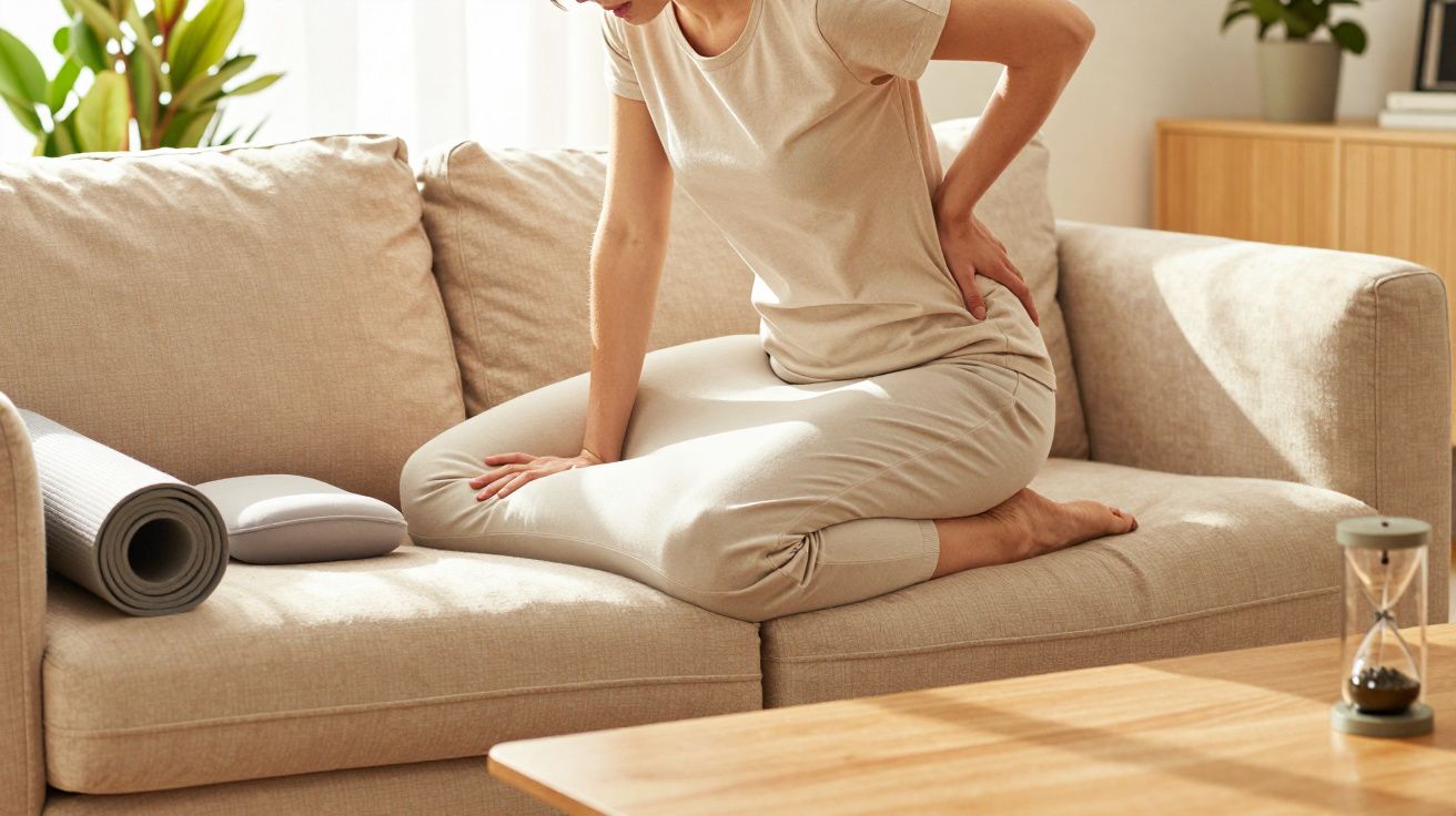 Pessoa sentada no sofá, segurando o lado das costas com dor, ao lado de um tapete de ioga e uma ampulheta na mesa.
