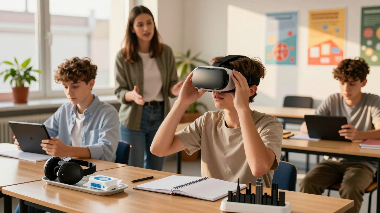 Estudantes numa sala de aula usam tablets e óculos VR, enquanto a professora explica. Há plantas e cartazes na parede.