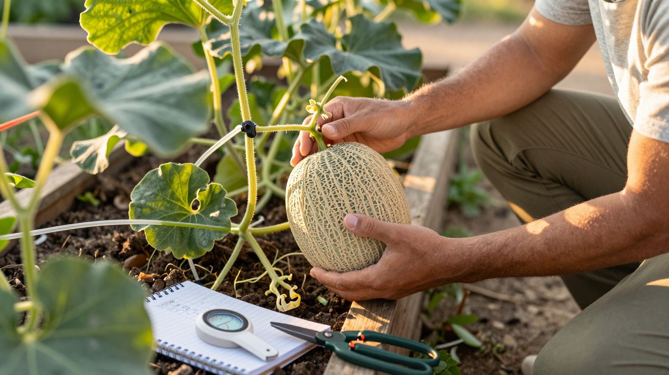 Pessoa inspecciona um melão em crescimento, com caderno, lupa e tesoura de poda ao lado numa horta.