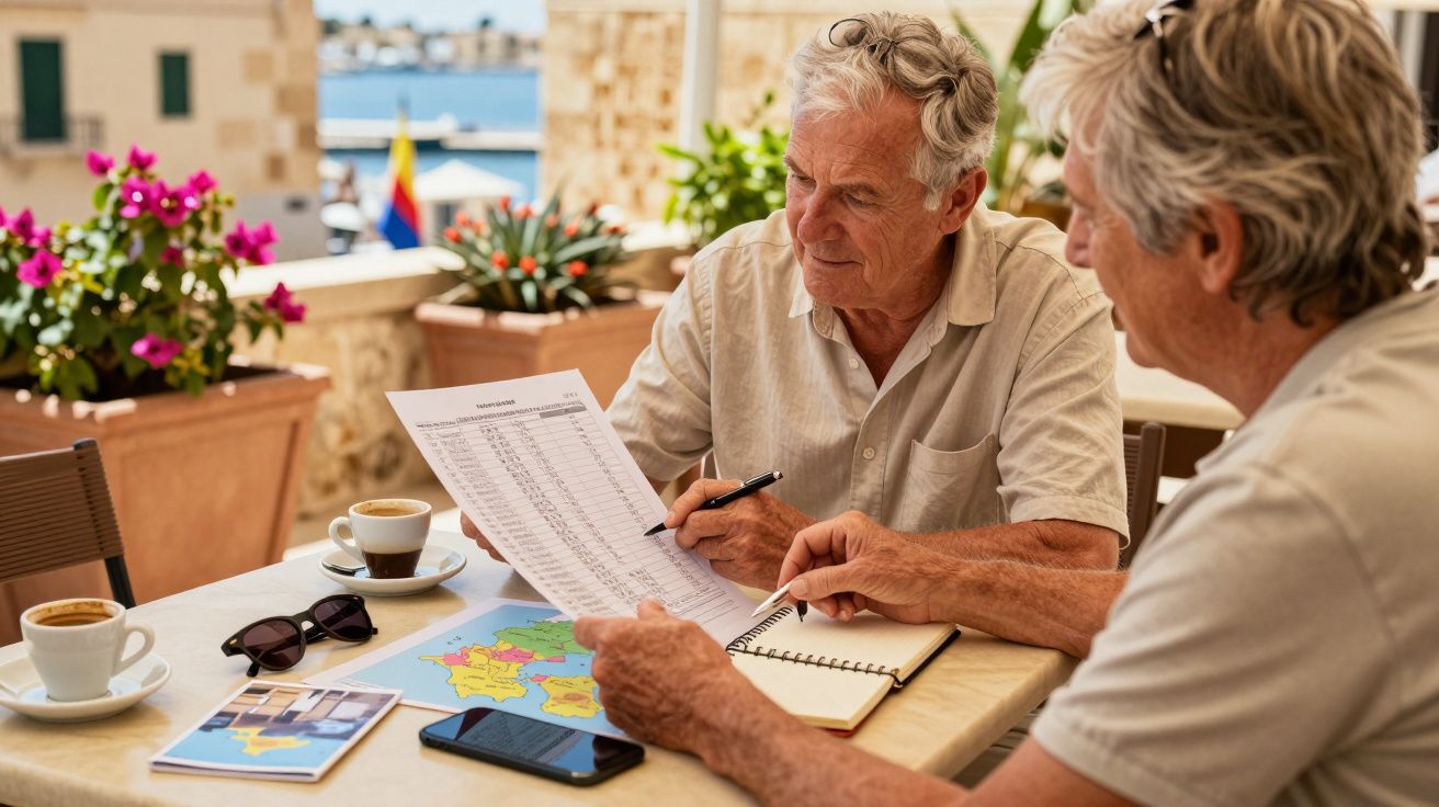 Dois homens a analisarem um documento numa esplanada, com mapas e café sobre a mesa.