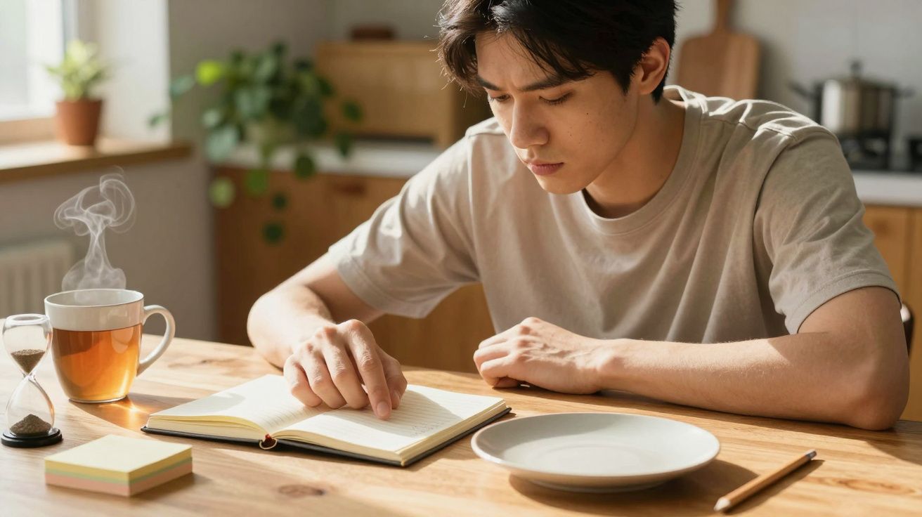 Homem concentrado a ler um livro numa cozinha, com chá e ampulheta sobre a mesa de madeira.