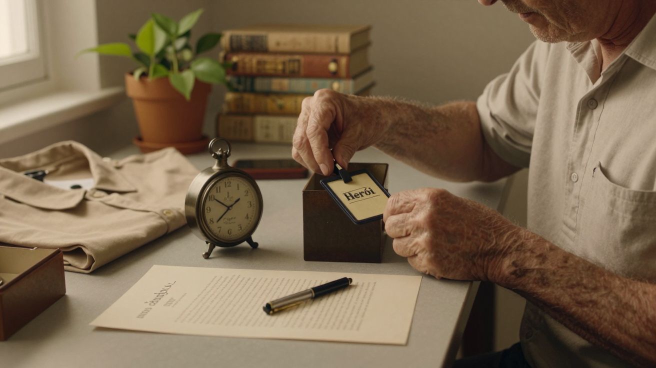 Homem sentado à mesa organizando cartões, com relógio, planta e livros em segundo plano.