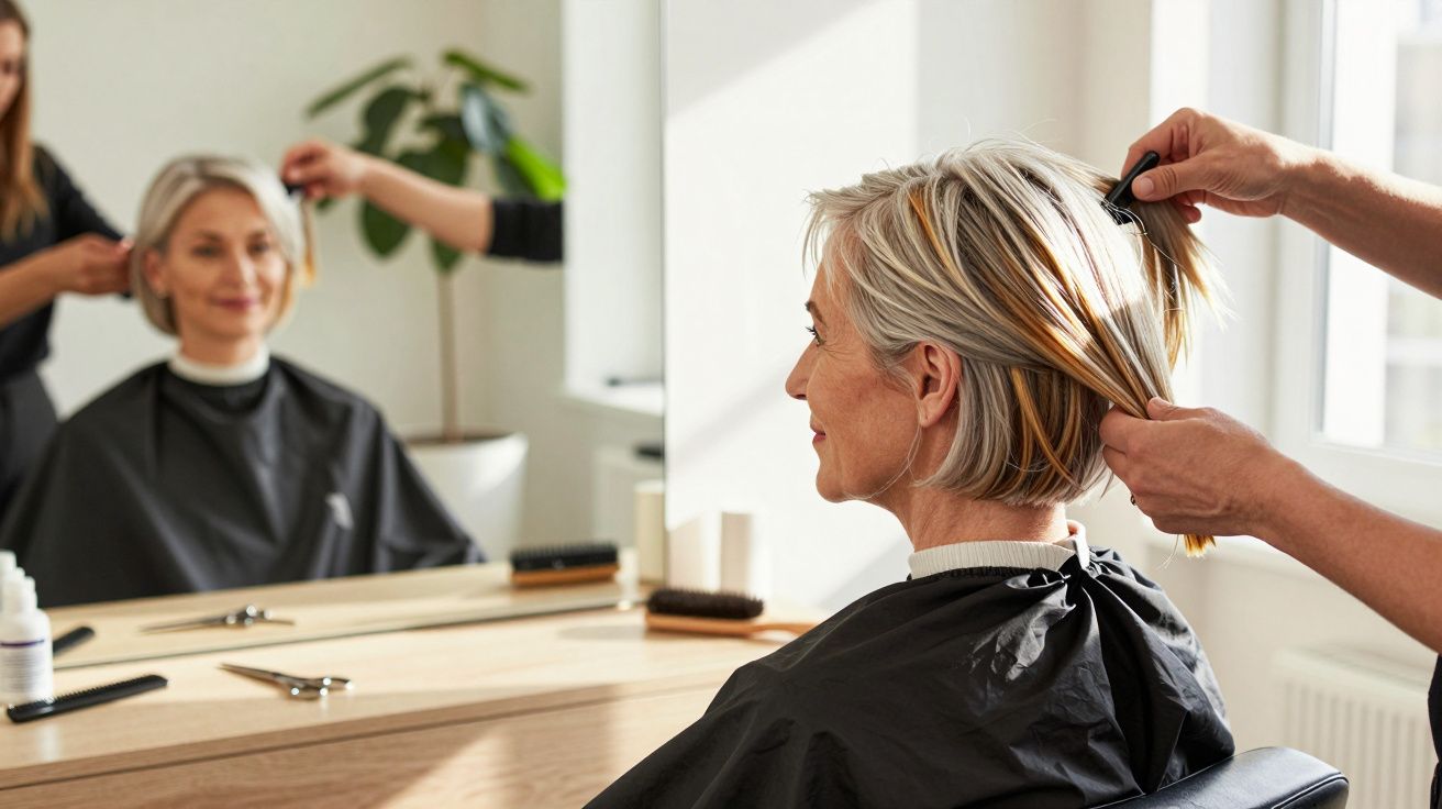 Mulher com cabelo curto a ser penteada num salão, sentada em frente a um espelho.