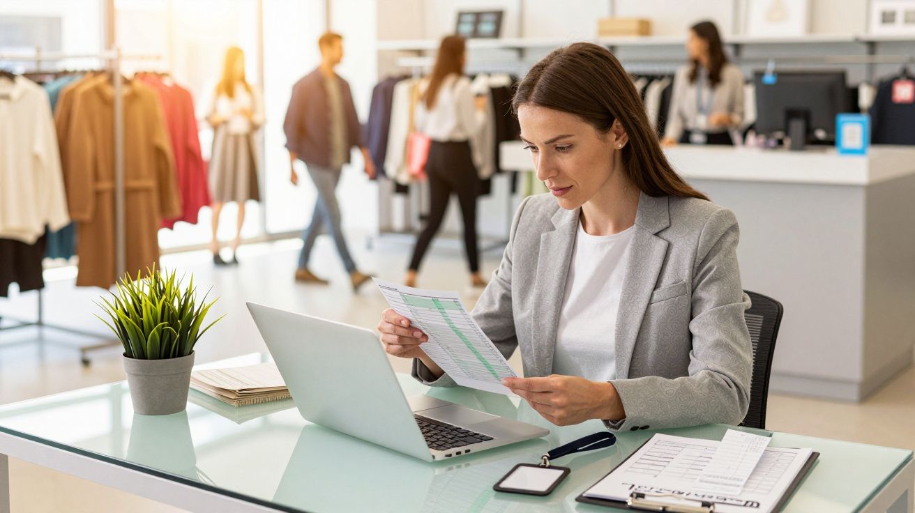 Mulher em escritório moderno revisa documentos ao computador, com loja de roupas ao fundo e pessoas a caminhar.