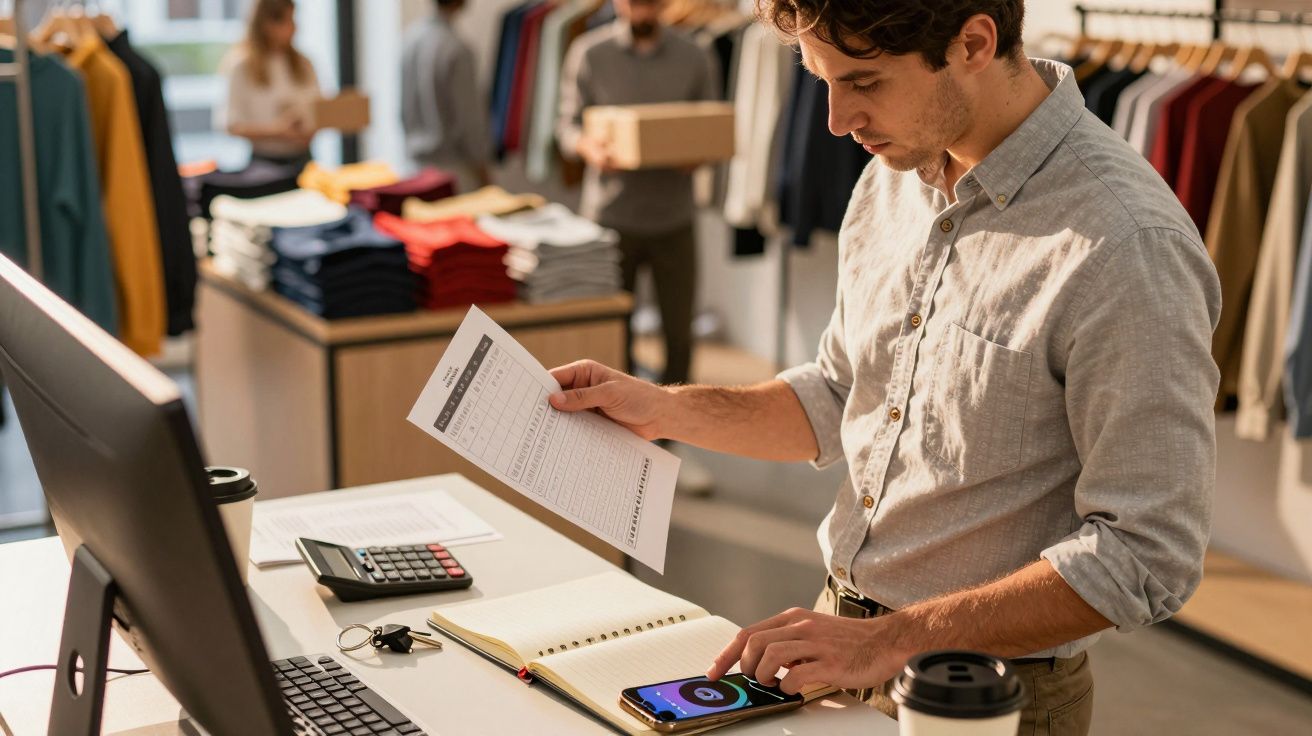 Homem numa loja de roupa usando o smartphone e conferindo um documento. Ao fundo, pessoas e prateleiras com roupas.