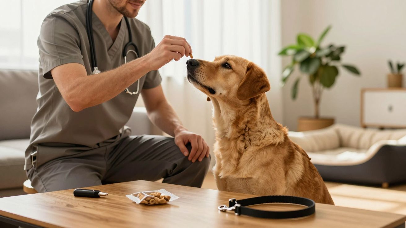Veterinário oferece petisco a cão sentado numa sala, com uma trela e snacks sobre a mesa de madeira.