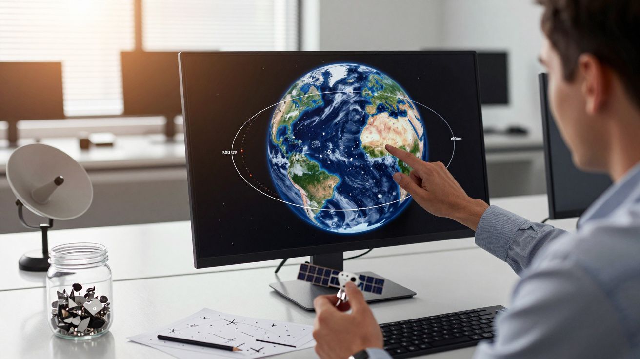 Pessoa aponta para um globo virtual no monitor de um computador, num ambiente de escritório moderno.