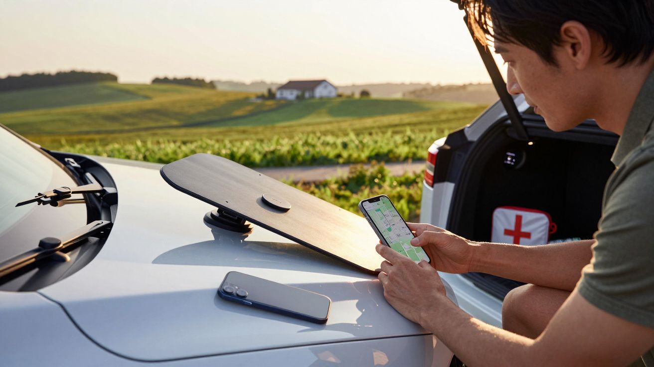 Homem verifica mapa em smartphone sobre capô de carro com painel solar móvel; campo e casa ao fundo.
