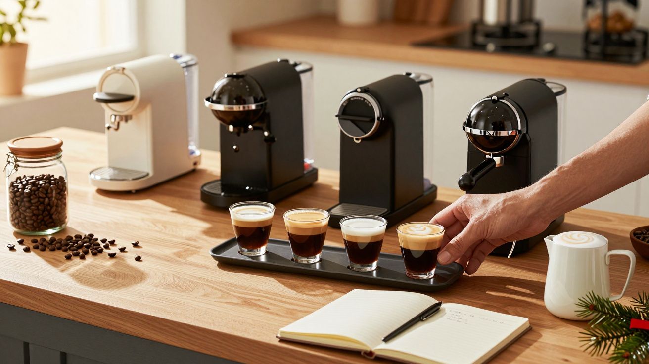 Máquinas de café em bancada de madeira com bandeja de copos de espresso, bloco de notas e jarro ao lado.