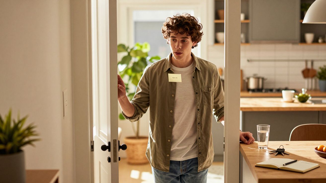 Jovem de pé à porta de uma cozinha moderna, com camisa verde e rótulo no peito. Mesa com copo e caderno em frente.