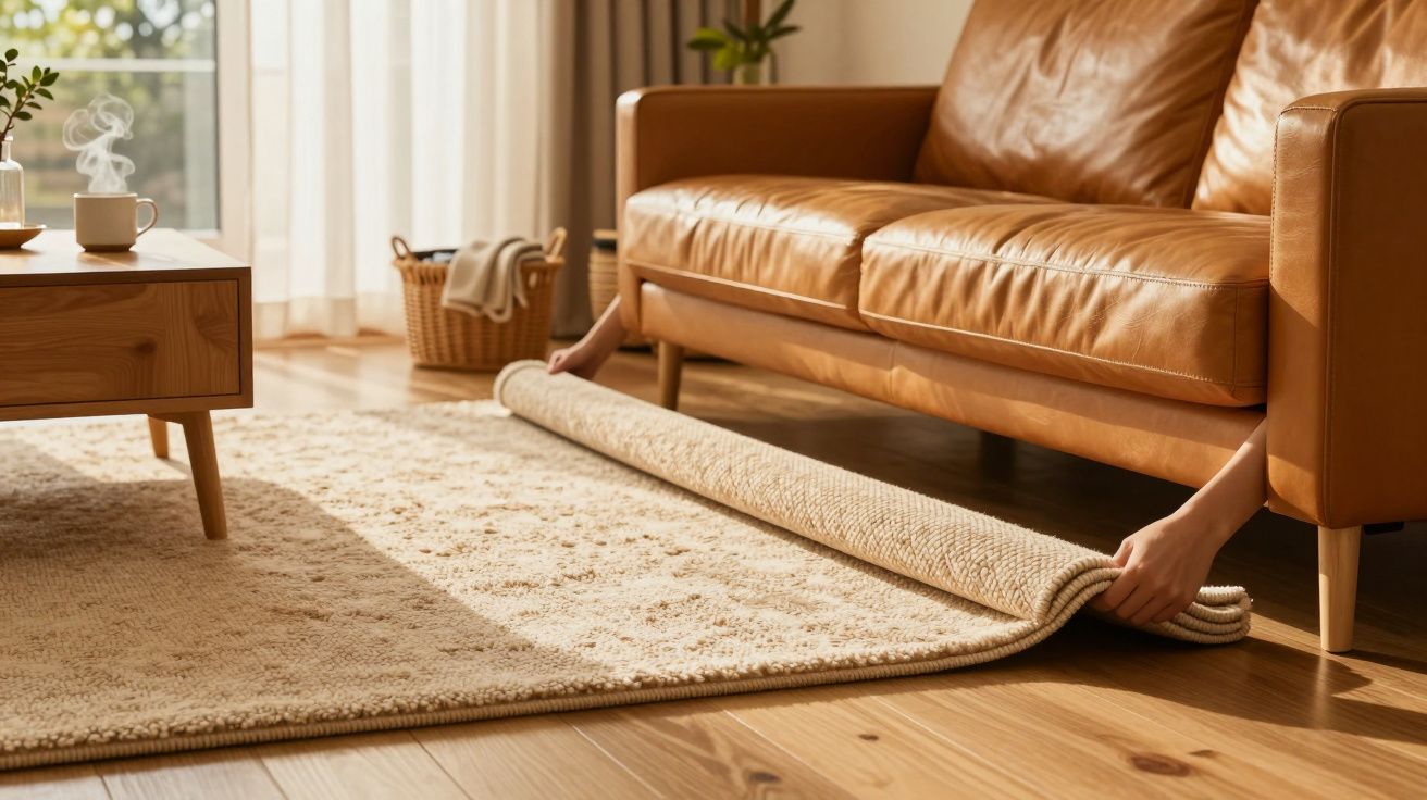 Pessoa a desenrolar tapete bege em sala com sofá castanho e mesa de madeira.