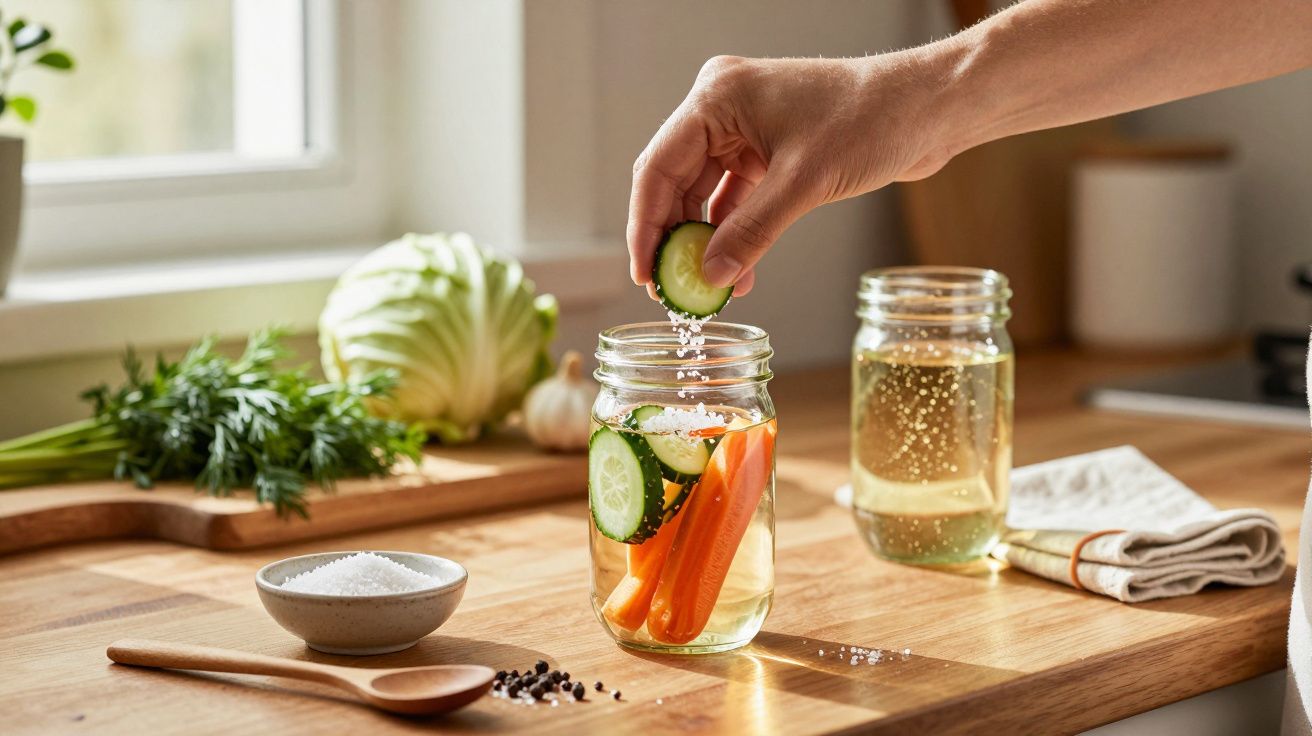 Mão adiciona sal a jarra com pepino e cenoura em cima de bancada de madeira com vegetais ao fundo.