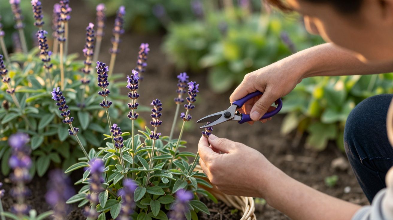 Pessoa a podar flores de lavanda num jardim.