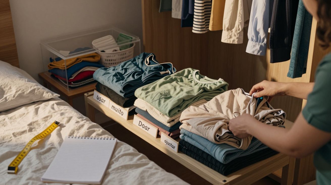 Pessoa organiza roupas numa prateleira com etiquetas: "Usar muito", "Doar" e "Gostar".