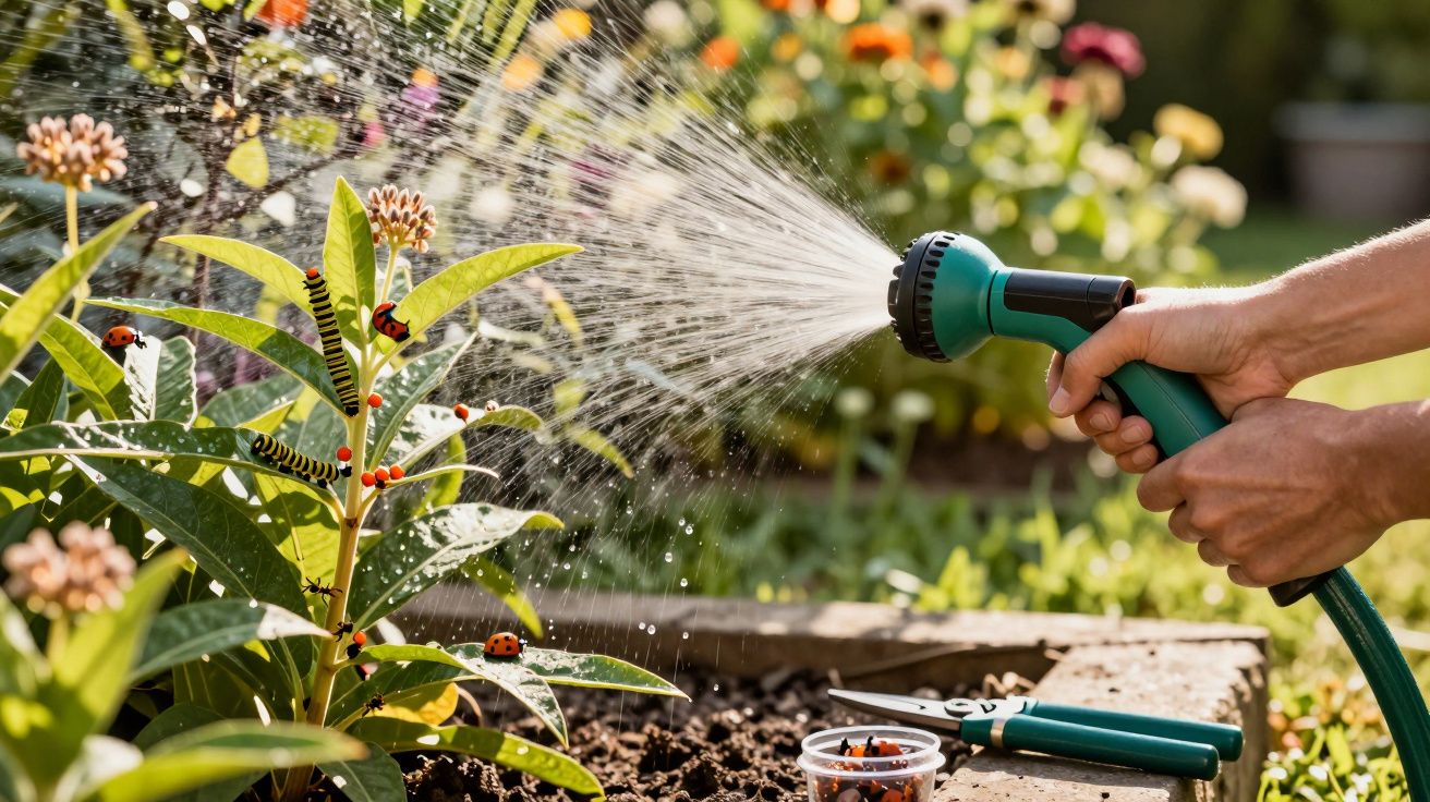 Mãos regando plantas em jardim com mangueira, rodeadas por joaninhas e lagartas coloridas. Tesoura de poda ao lado.