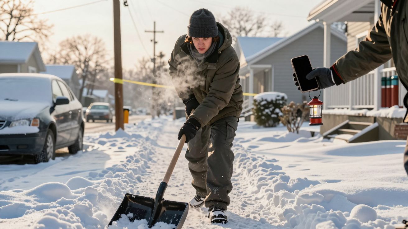 Pessoa a limpar neve com uma pá numa rua residencial nevada. Outra pessoa segura uma lanterna ao lado.