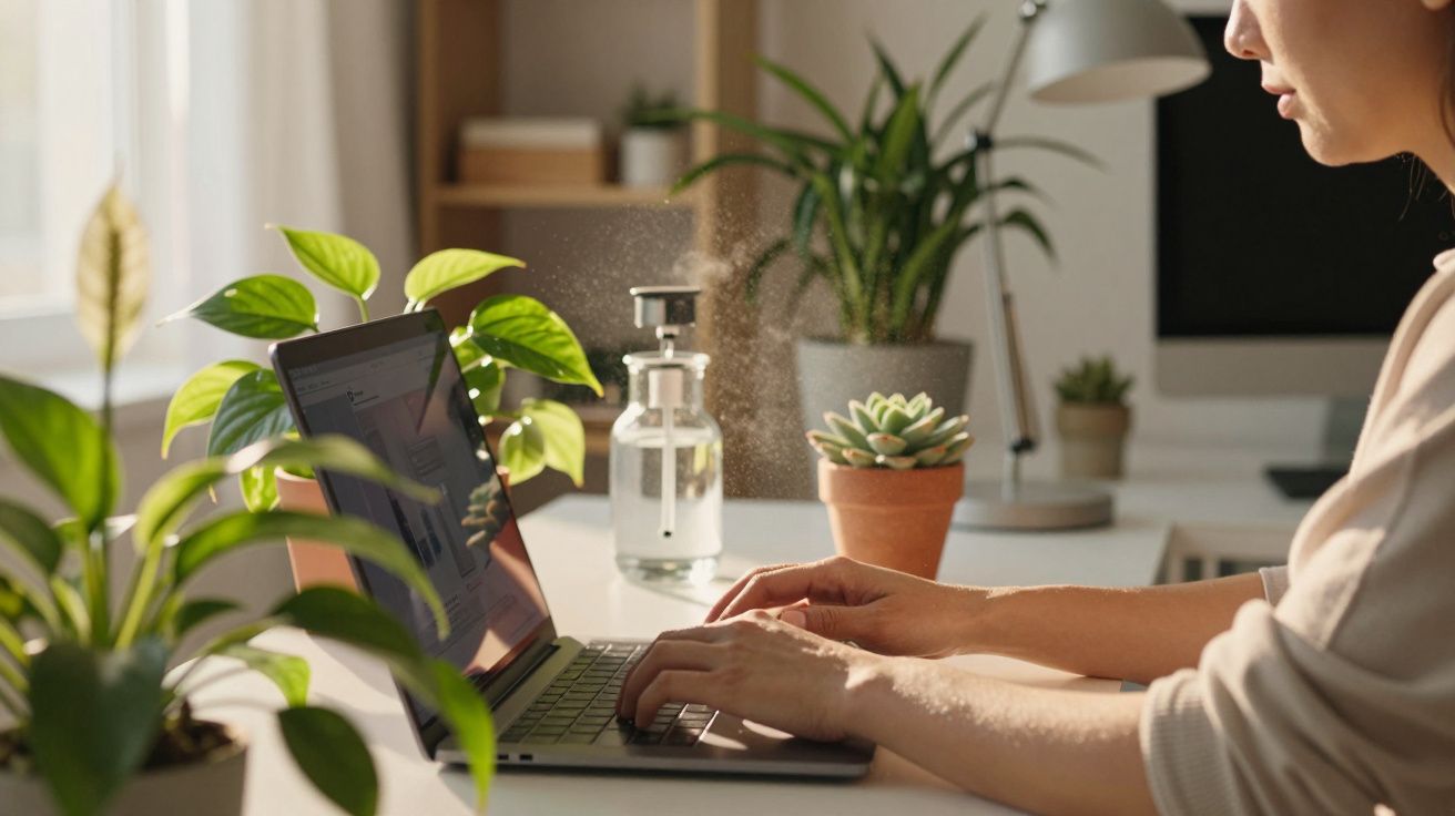 Pessoa a trabalhar num portátil numa secretária com plantas e um pulverizador ao fundo, iluminada por luz natural.