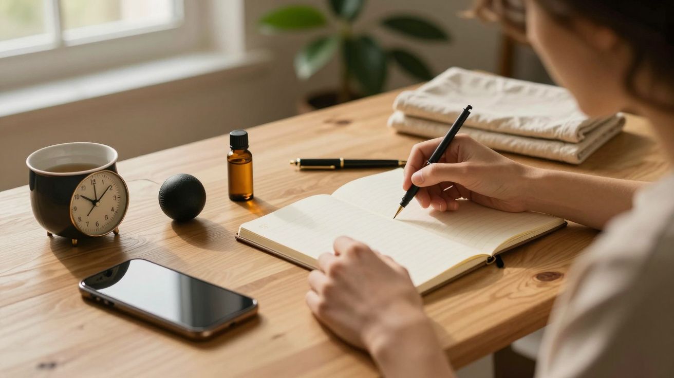 Pessoa a escrever num caderno em mesa de madeira, com relógio, garrafa e telemóvel ao lado.