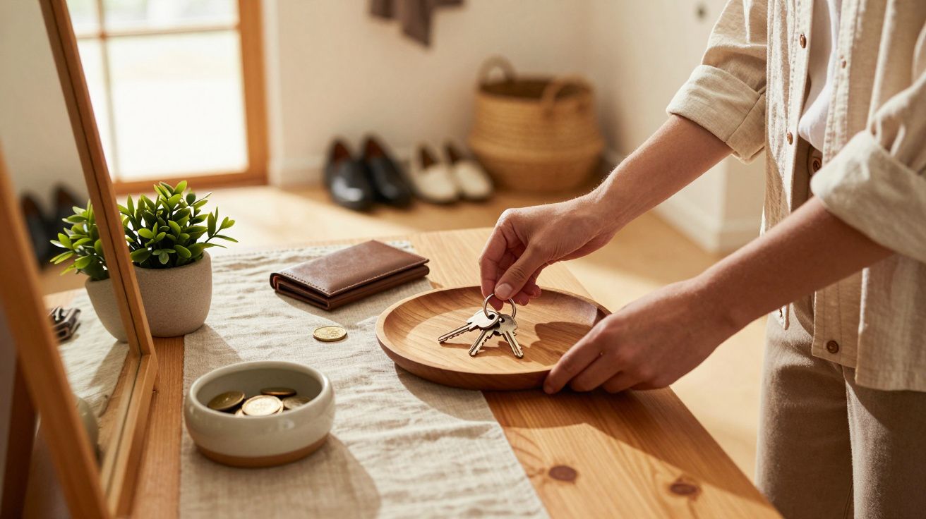 Pessoa a colocar chaves numa tigela de madeira sobre mesa; há uma carteira, planta e moedas ao lado.