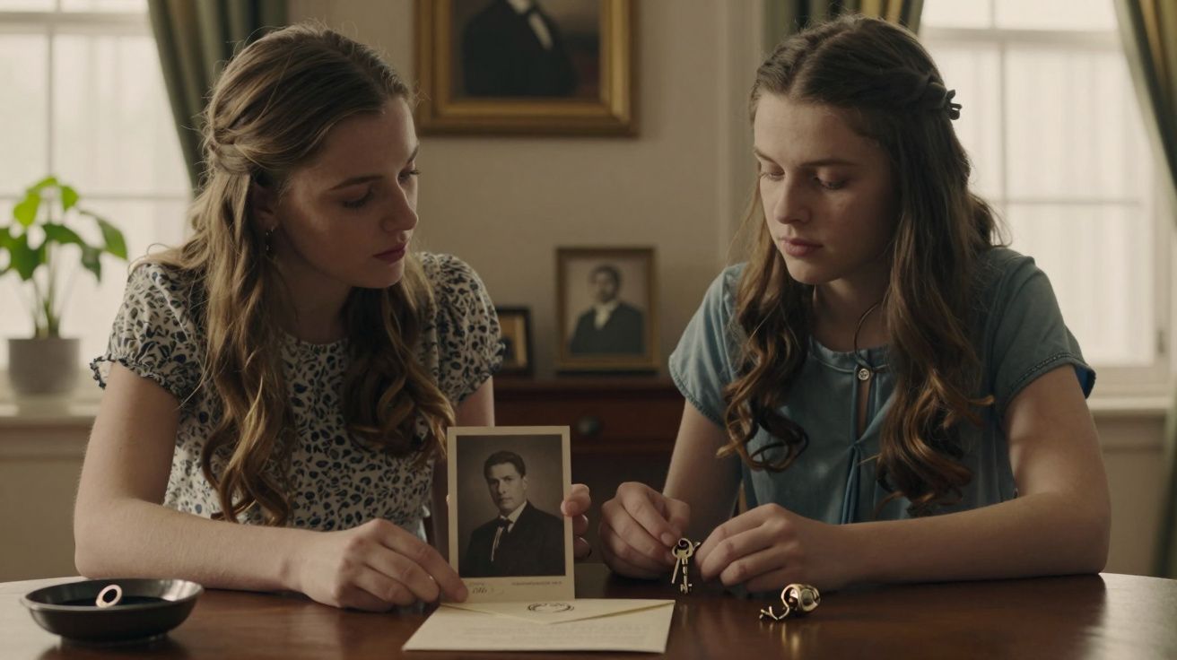Duas jovens sentadas a uma mesa, uma segurando uma fotografia antiga, a outra olhando uma carta e segurando chaves.