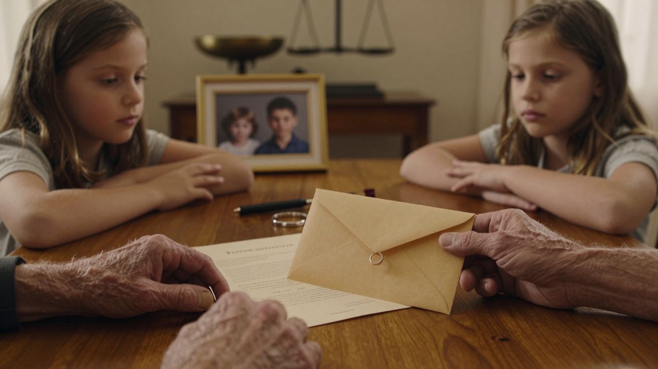 Duas meninas observam um adulto segurando um envelope sobre documentação numa mesa, com uma foto ao fundo.