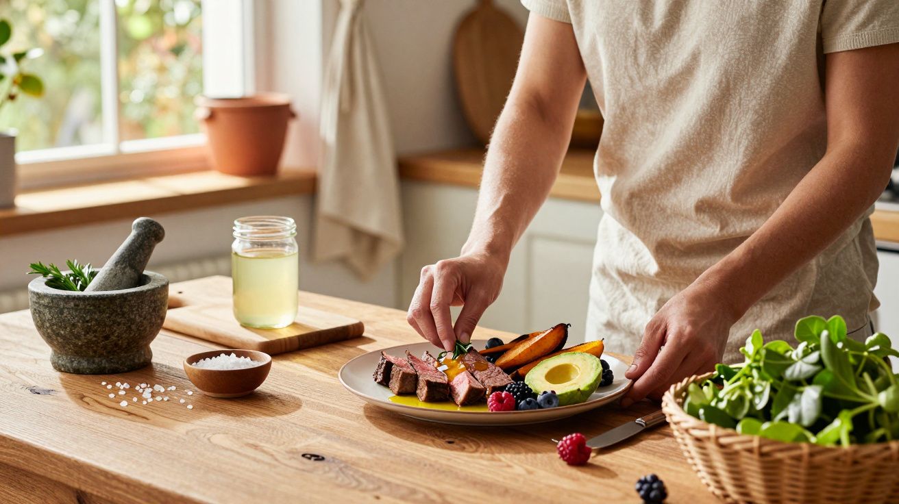 Homem a preparar prato com abacate, carne, batata-doce e frutos silvestres numa cozinha ensolarada.