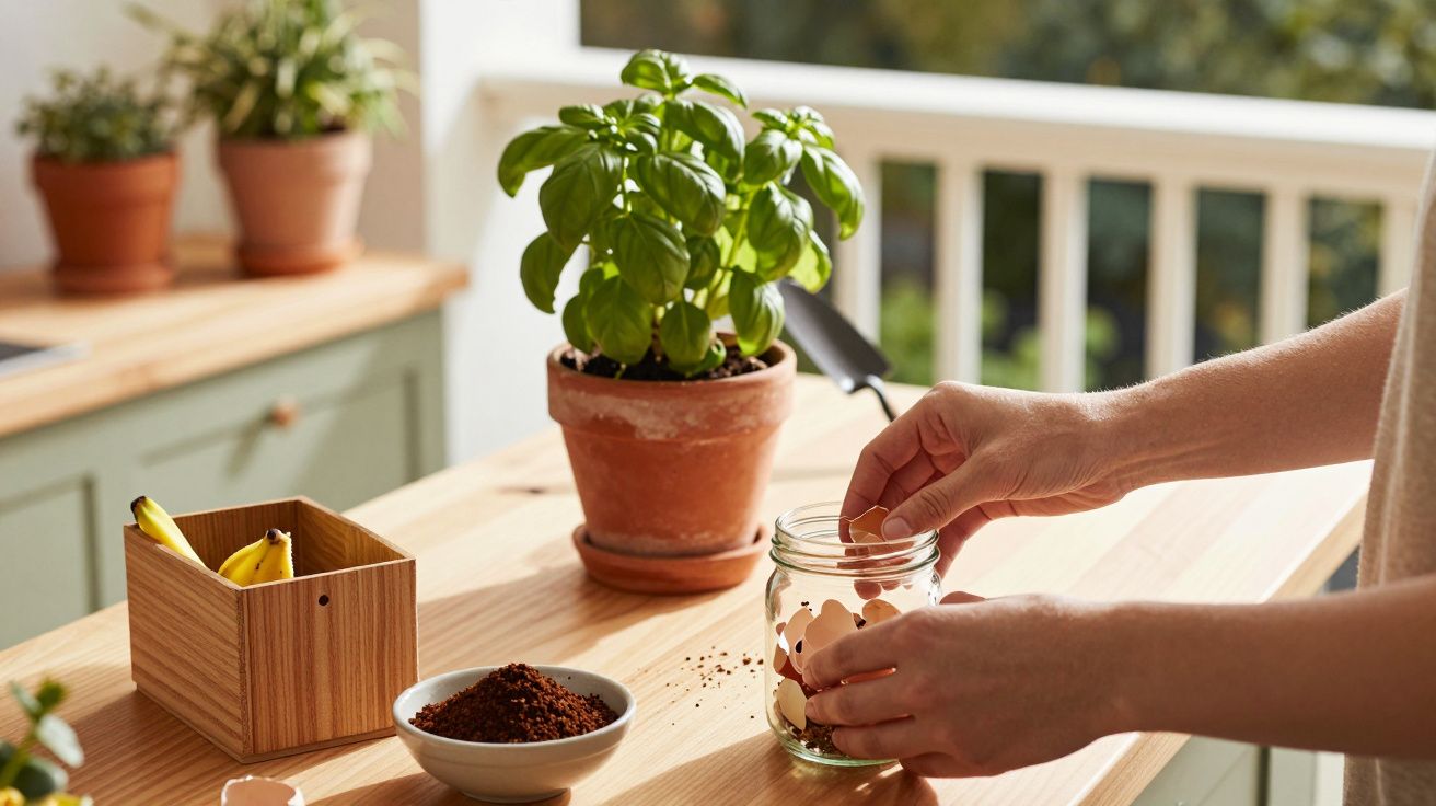 Mãos colocando cascas de ovo num frasco ao lado de manjericão em vaso e tigela com borra de café em bancada de madeira.