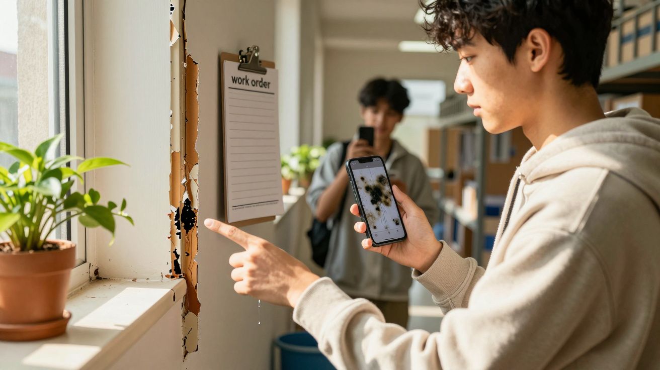Jovem fotografa parede danificada com telemóvel numa sala ensolarada com plantas e prateleiras ao fundo.