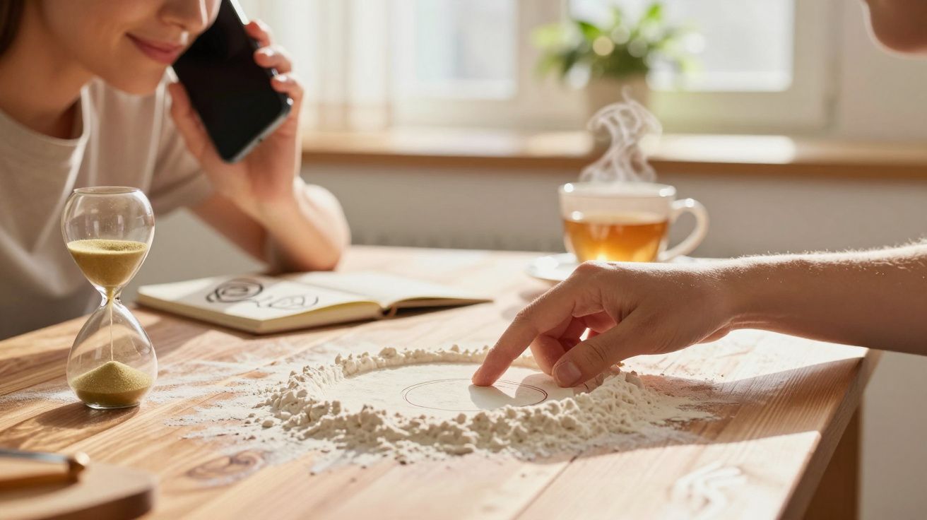 Pessoa desenha na farinha, ampulheta, chá e caderno numa mesa de madeira iluminada pelo sol.