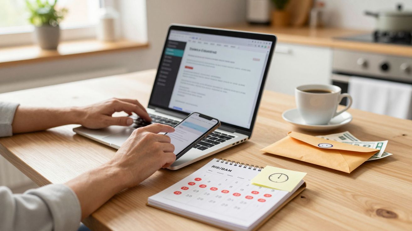Pessoa a usar computador e smartphone numa mesa com café, calendário, envelope e notas de dólar.
