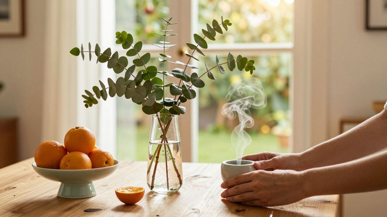 Mesa de madeira com ramo de eucalipto, taça de laranjas e chávena de chá fumegante nas mãos de uma pessoa.