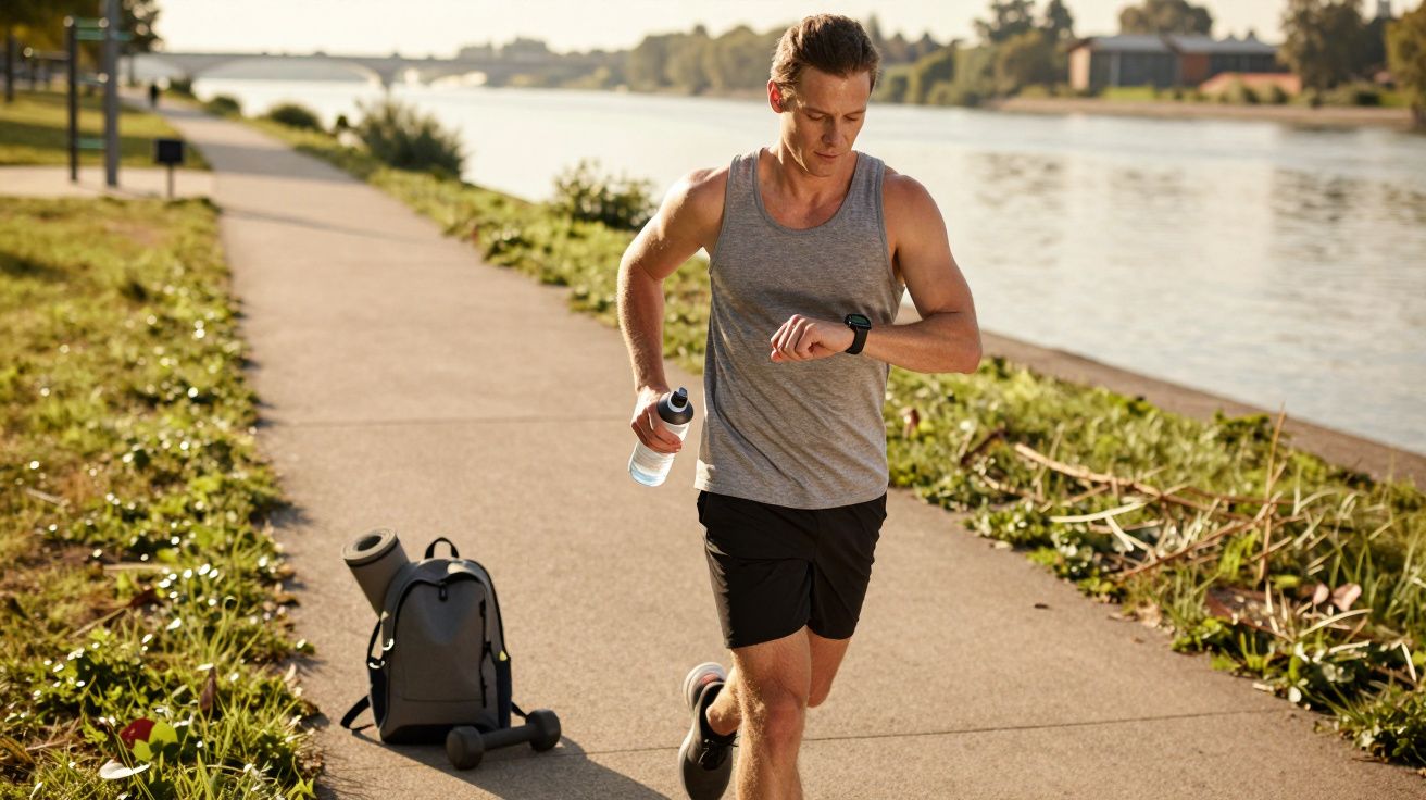 Homem a correr ao lado de um rio, segurando uma garrafa de água, com mochila e tapete de ioga no chão.